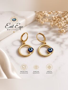 Gold Hoop Earrings with Blue Protection Charm